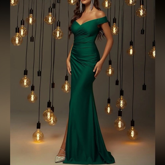 Luxe off shoulder slit thighs party formal evening t bridesmaids wedding dress - Picture 5 of 7